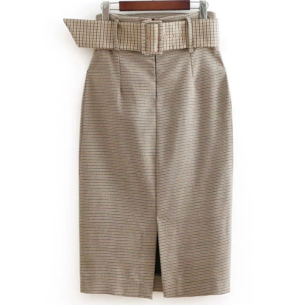 plaid vintage plaid work office belted large skirt